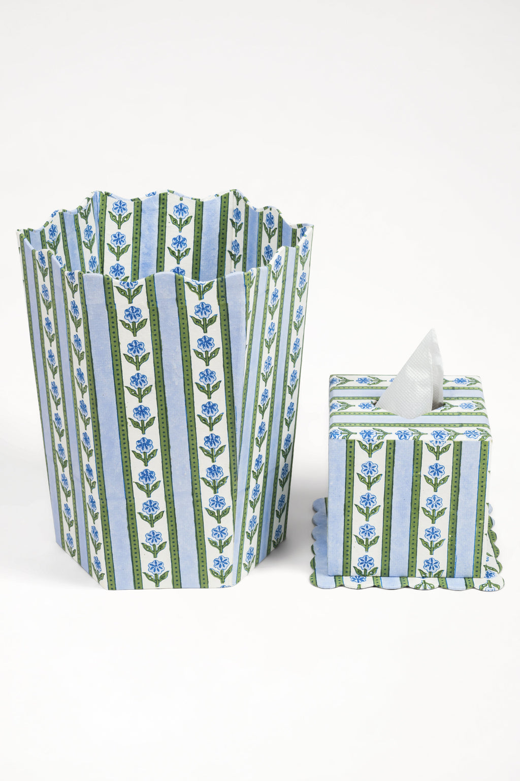 Blue cottage garden blockprint waste bin and matching storage bin from Inner Child