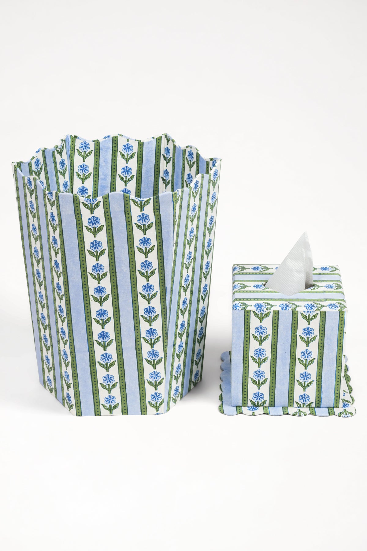 Blue cottage garden blockprint waste bin and matching storage bin from Inner Child