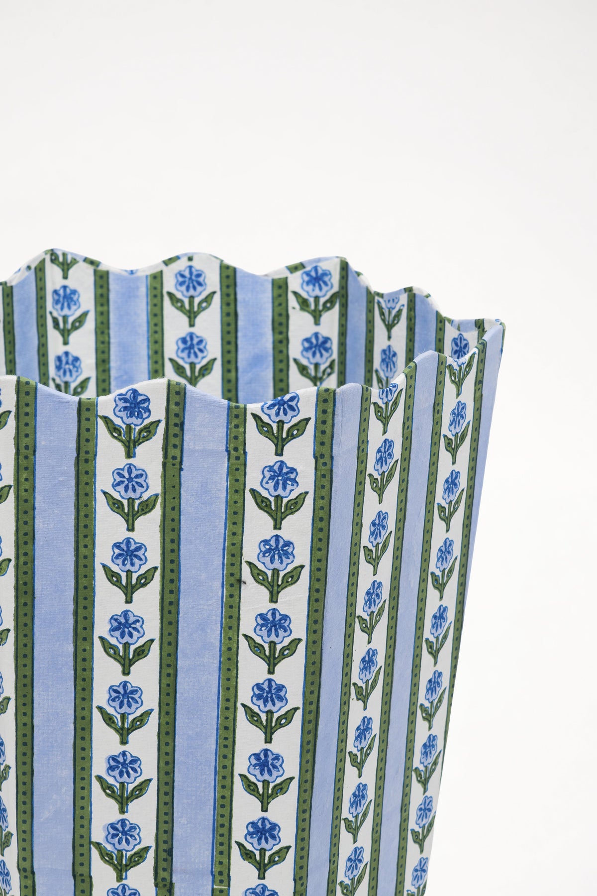 Close-up of blue cottage garden blockprint scallop edge waste bin from Inner Child
