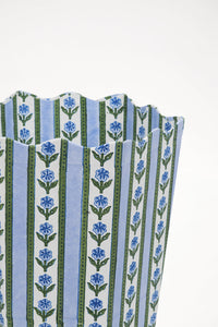 Close-up of blue cottage garden blockprint scallop edge waste bin from Inner Child