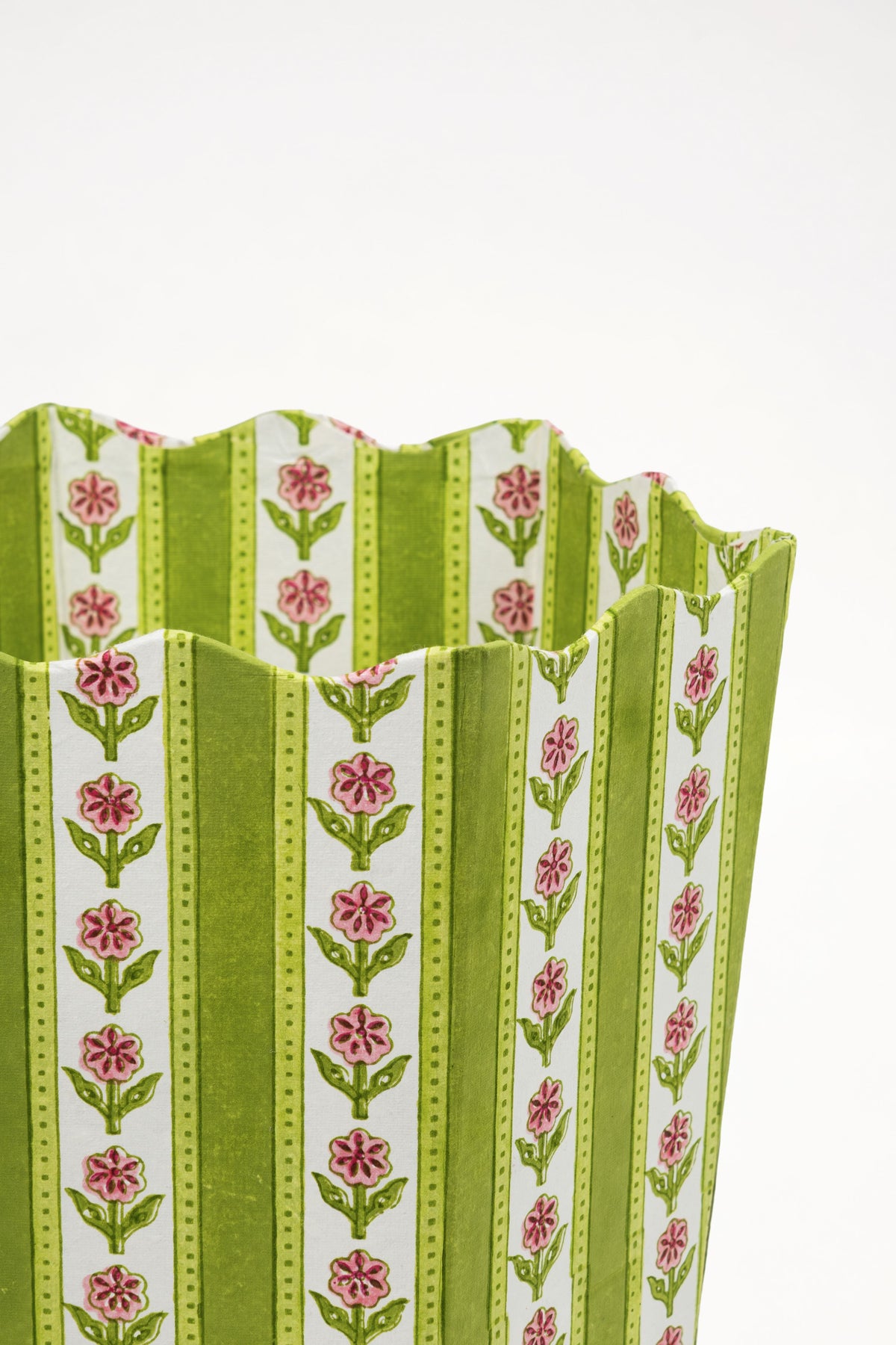 Close-up of green cottage garden blockprint scallop edge waste bin from Inner Child