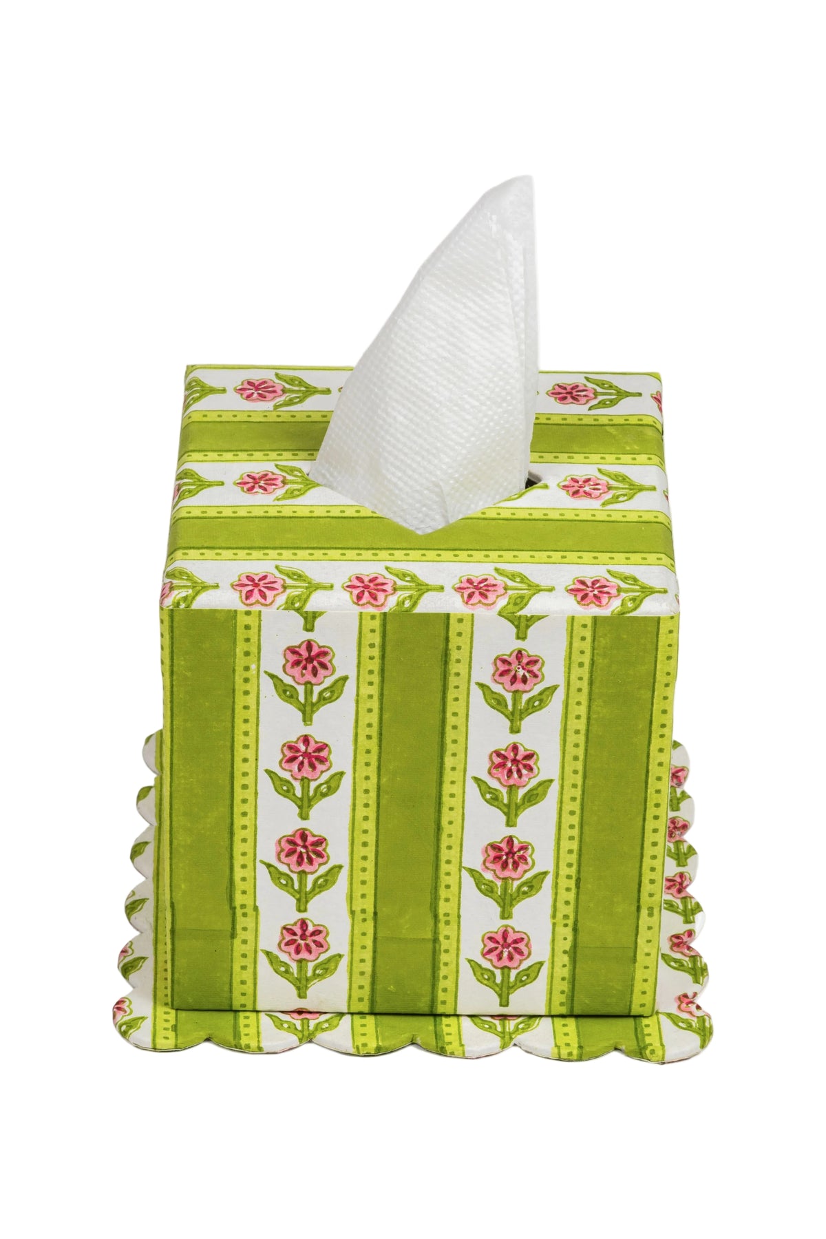 Green cottage garden blockprint scallop tissue box with pink flowers from Inner Child