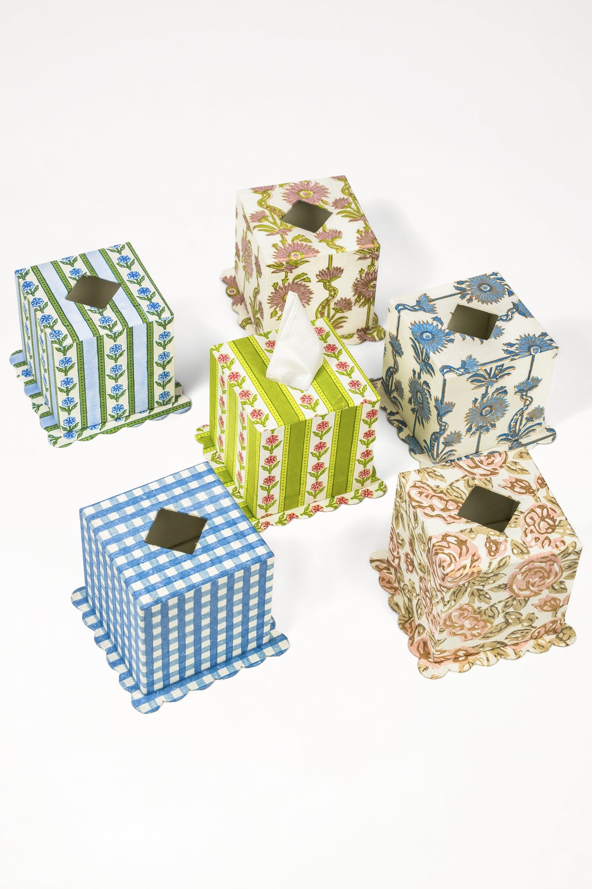 Cottage Garden blockprint scallop tissue box covers in green and floral patterns from Inner Child