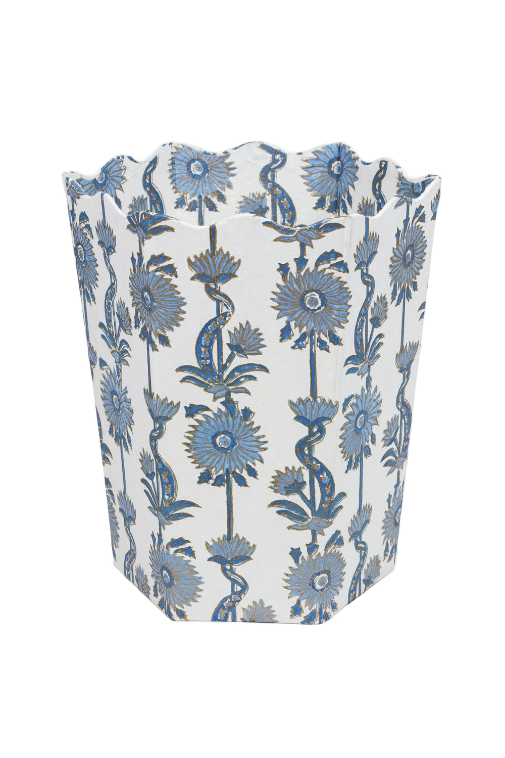 Blue floral vines blockprint scallop waste bin