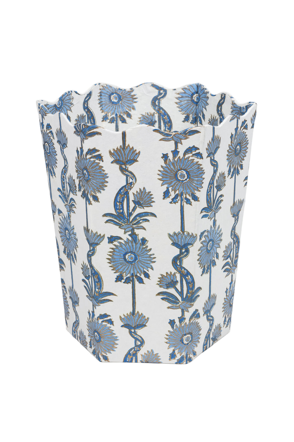 Blue floral vines blockprint scallop waste bin