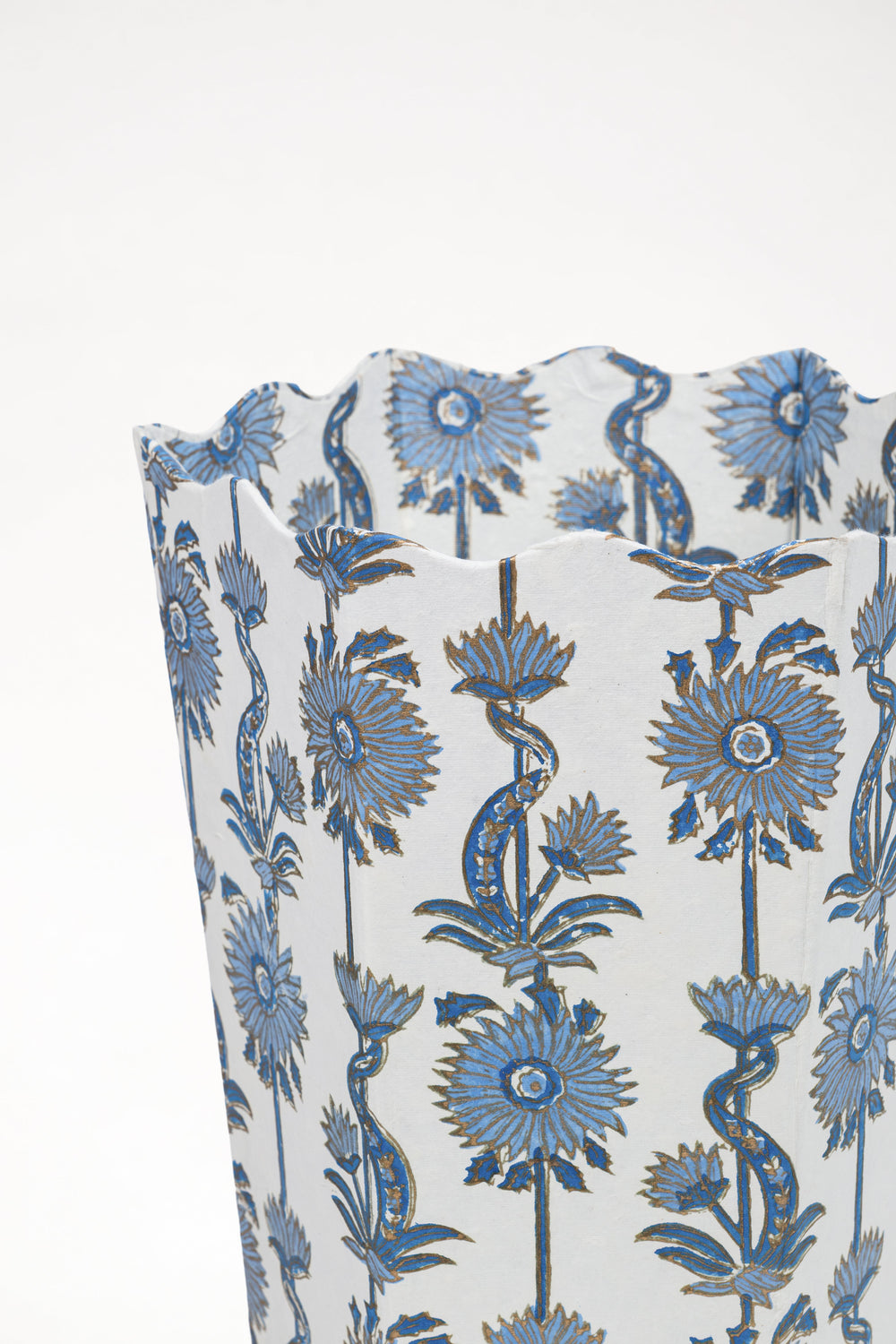 Blue floral vines blockprint scallop waste bin
