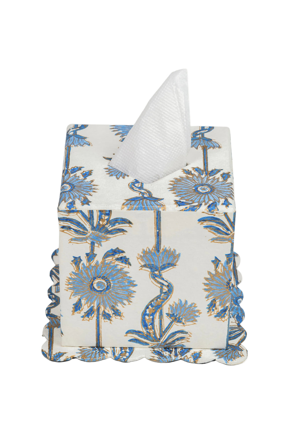 Blue floral vines blockprint scallop edge tissue box cover
