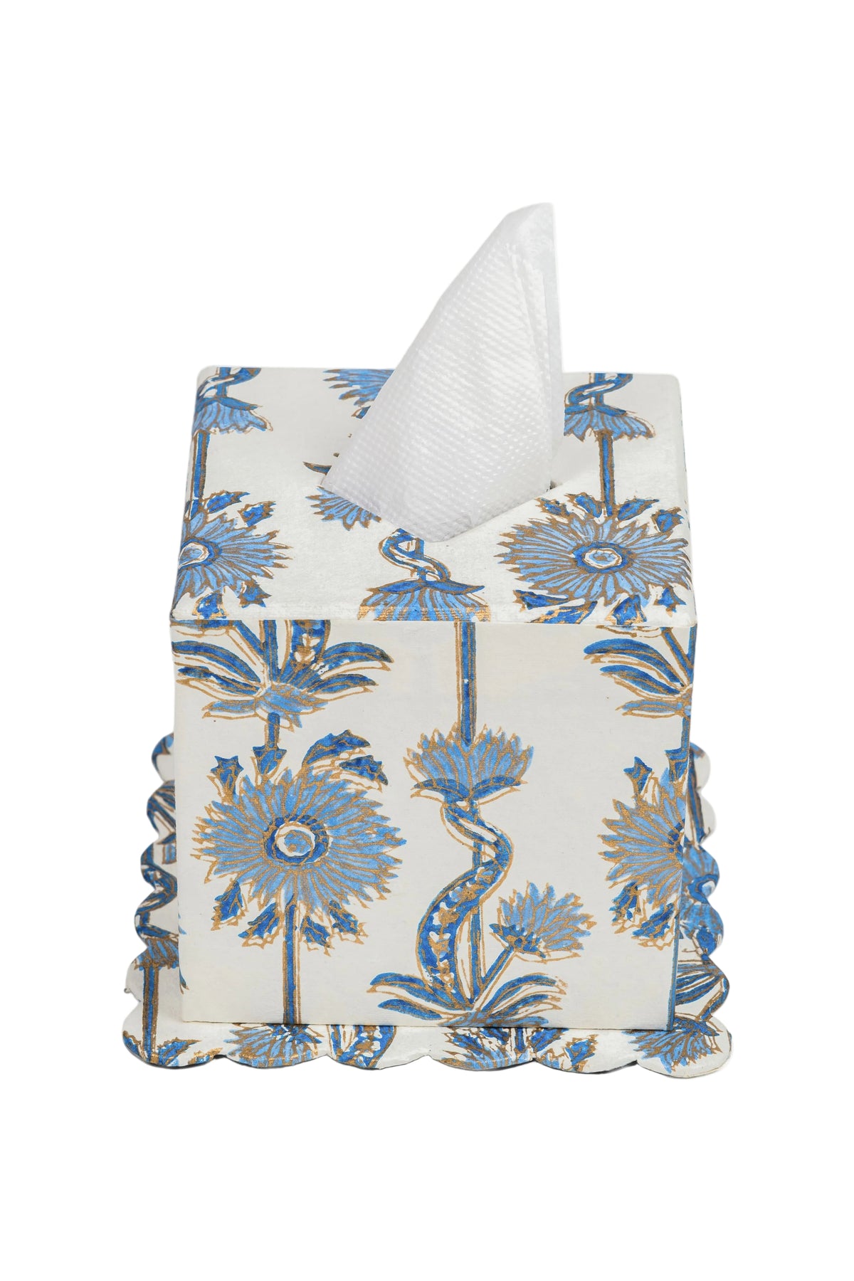 Blue floral vines blockprint scallop edge tissue box cover