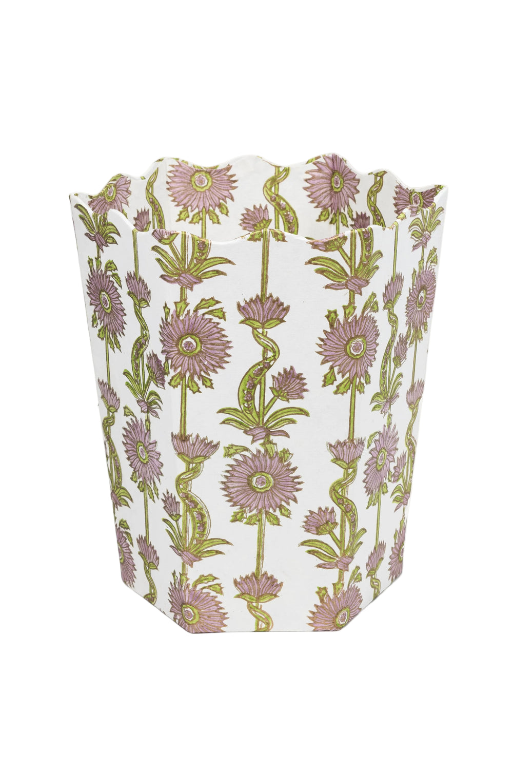 Inner Child lilac floral vines blockprint scallopwaste bin close-up