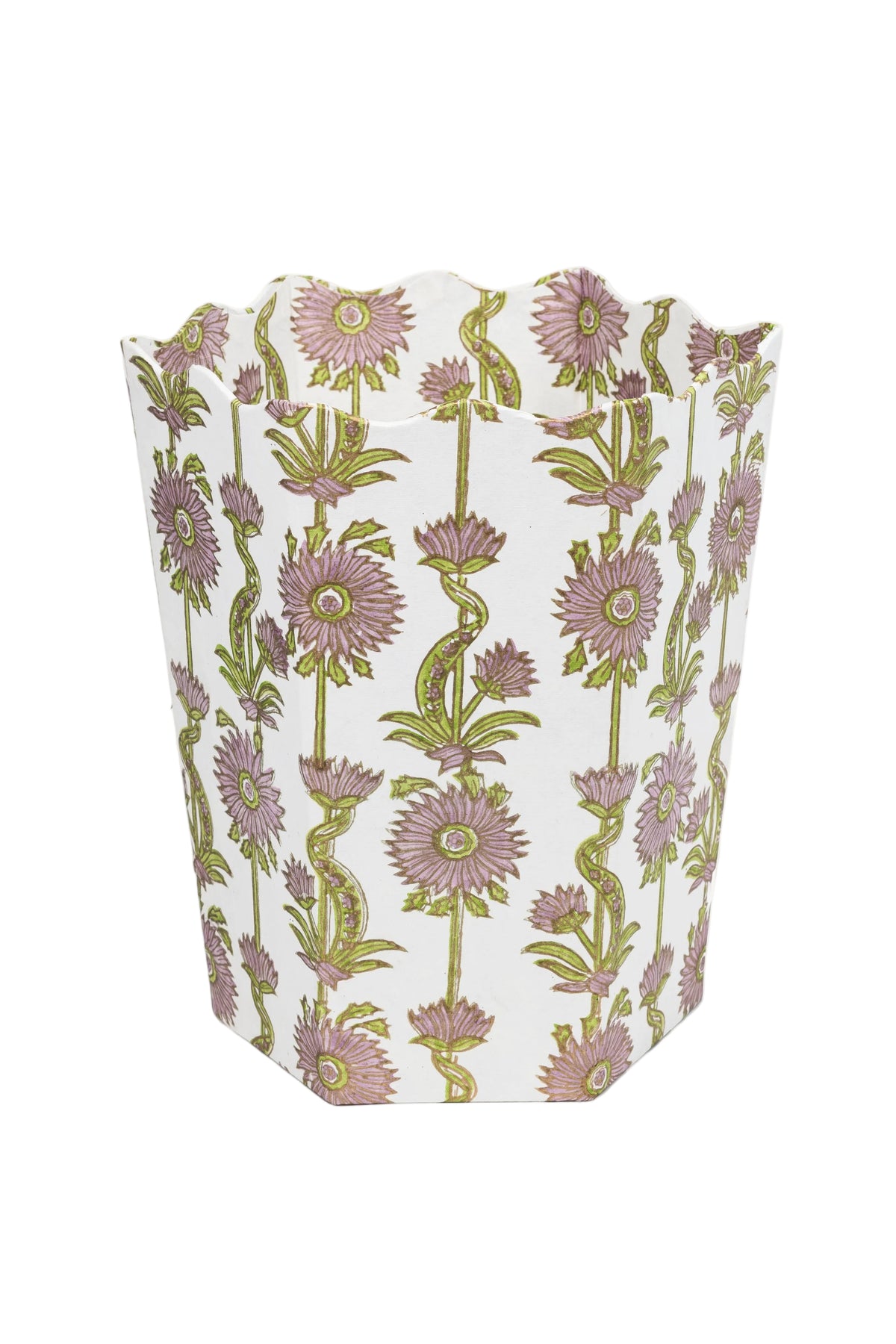 Inner Child lilac floral vines blockprint scallopwaste bin close-up