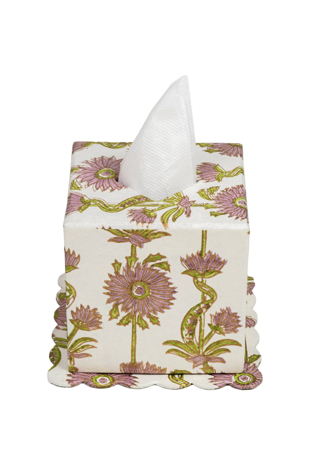 Lilac purple floral vines blockprint scallop edge tissue box cover