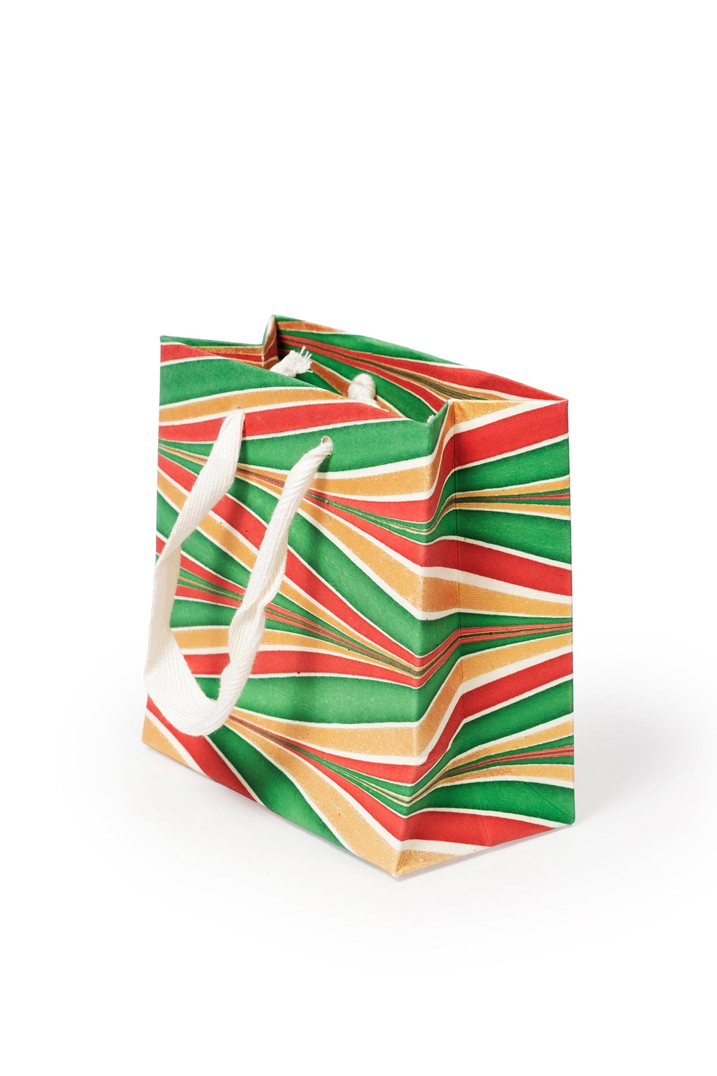 Gilded Holiday Gift Hand Marbled Gift Bag showcasing red-green-gold marbling pattern