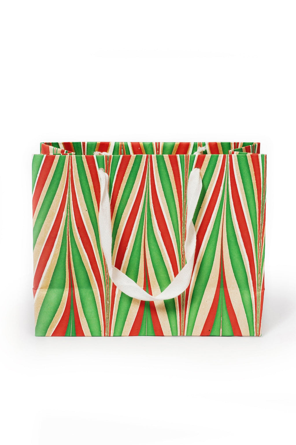 Gilded Holiday Gift Hand Marbled Gift Bag - Medium with festive red-green-gold stripes