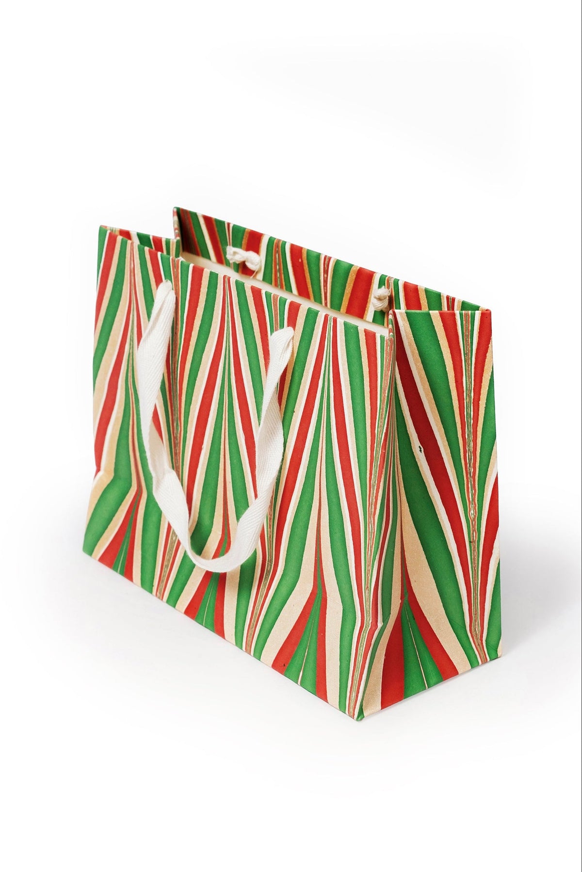 Gilded Holiday Gift Hand Marbled Gift Bag featuring colorful red-green-brown stripes