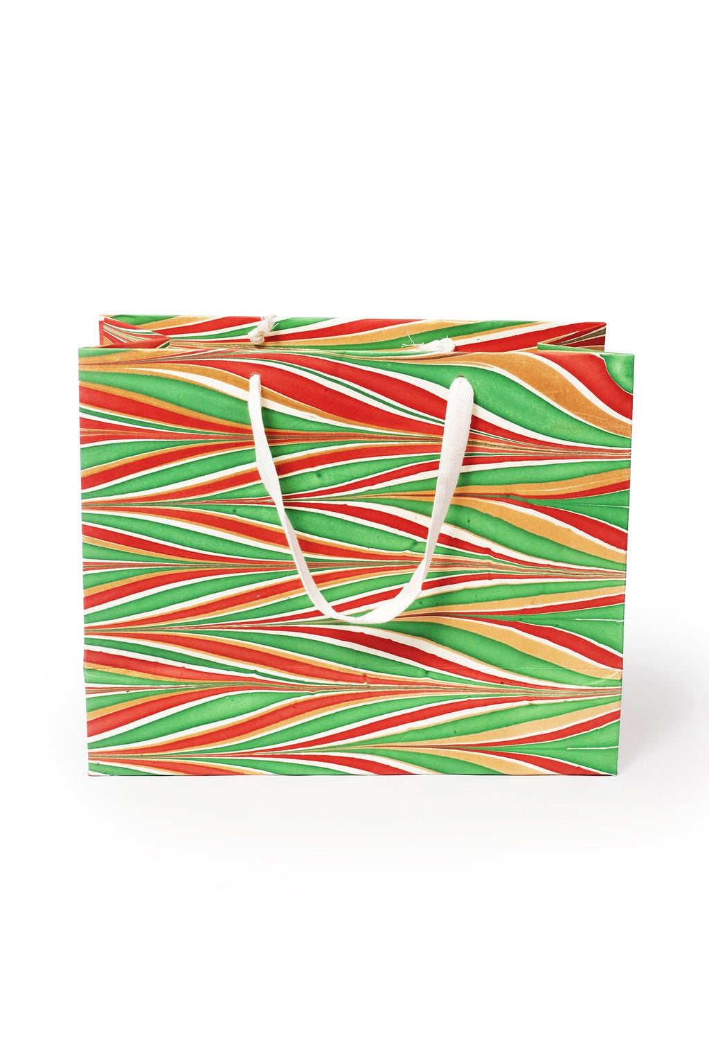 Large gilded holiday hand marbled gift bag with white handles