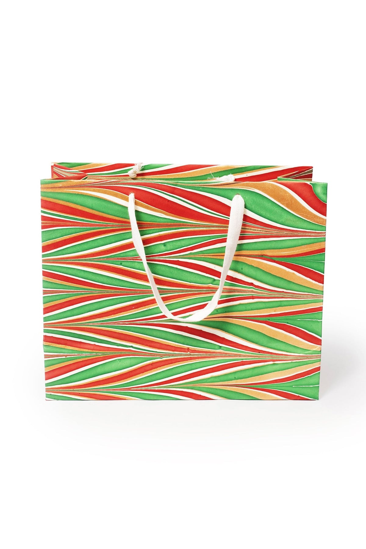Large gilded holiday hand marbled gift bag with white handles