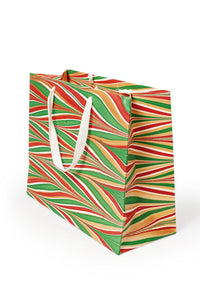 Gilded Holiday Gift Hand Marbled Gift Bag with red, green, gold stripes and white handles