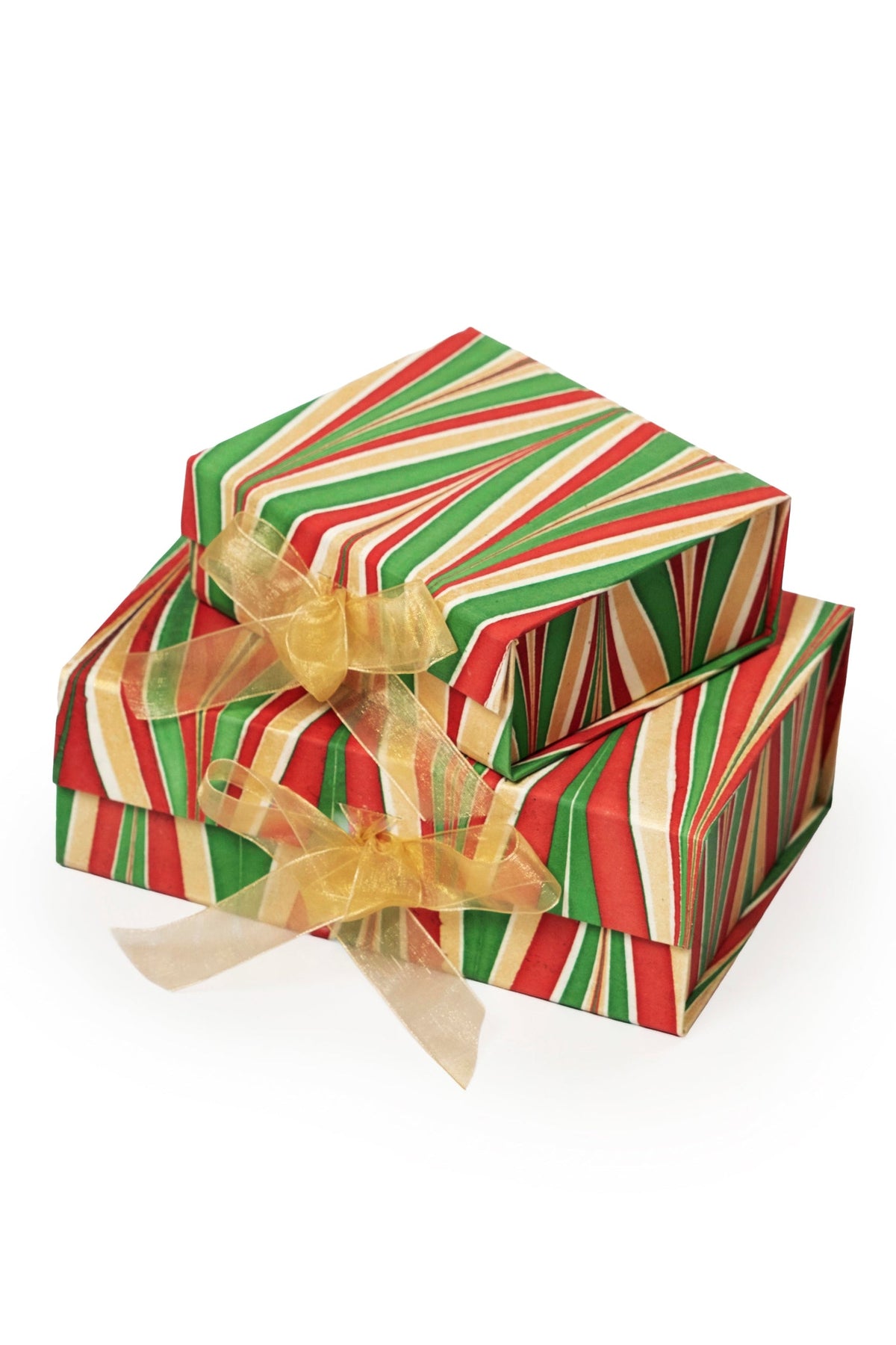 Inner Child hand-marbled collapsible striped holiday keepsake boxes with gold ribbon