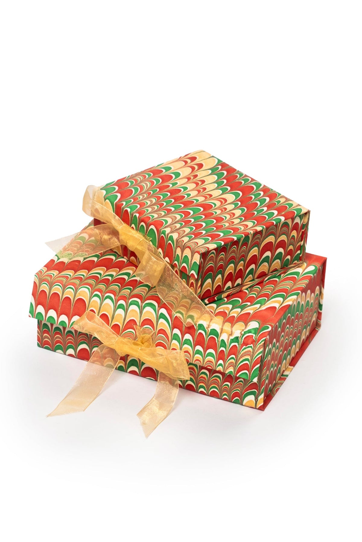 Inner Child hand-marbled collapsible marbled holiday keepsake boxes with gold ribbon