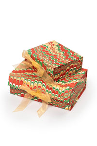 Inner Child hand-marbled collapsible marbled holiday keepsake boxes with gold ribbon