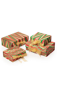 Inner Child hand-marbled collapsible holiday keepsake boxes with gold ribbon
