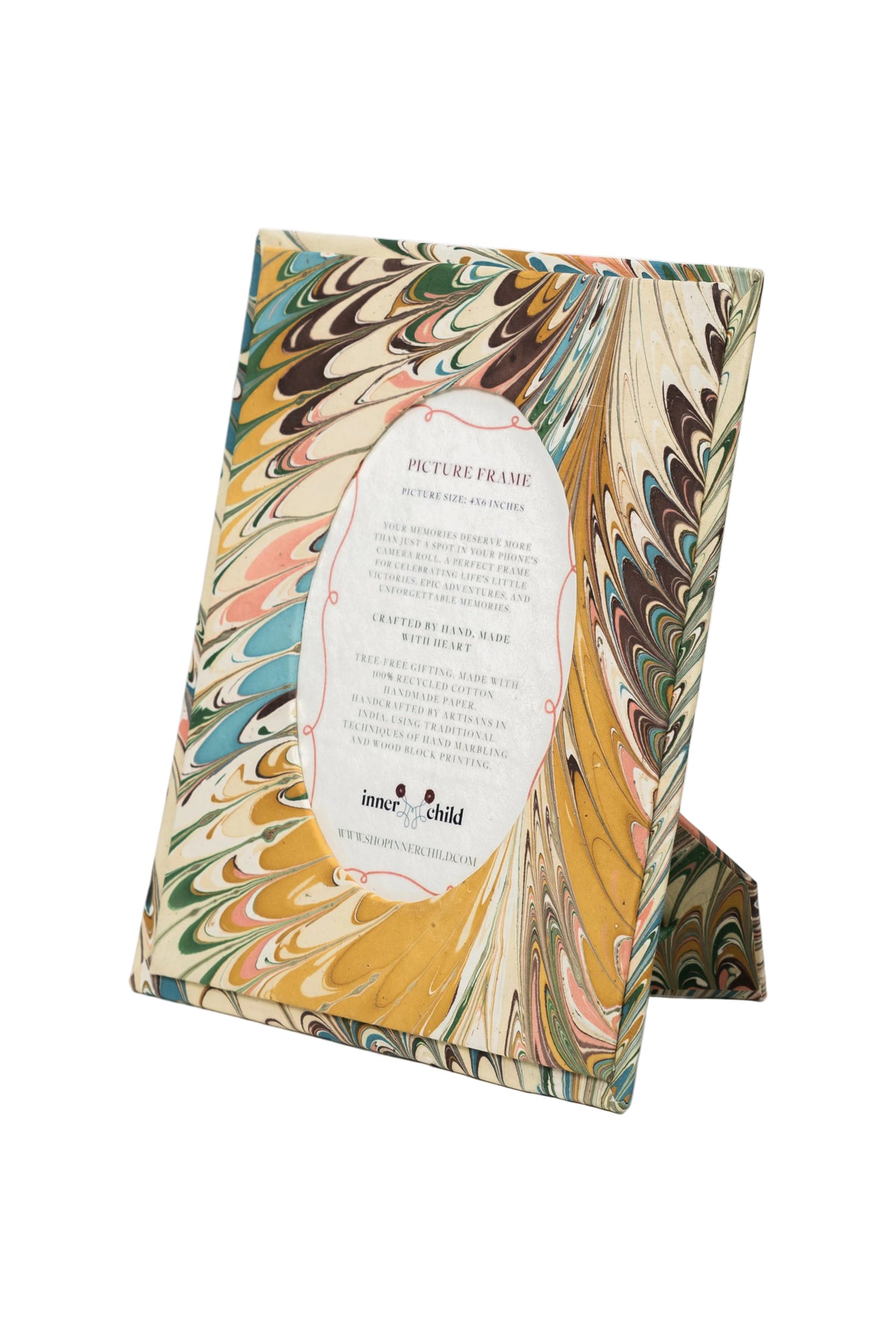Hand-marbled flatiron feathers picture frame with oval opening, 4x6 inches