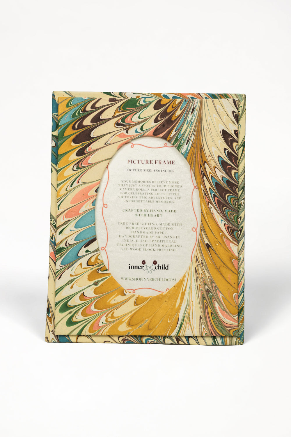 Hand-marbled flatiron feathers picture frame with oval opening, 4x6 inches