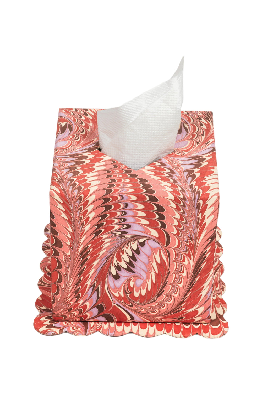 Hand-marbled Florentine pink scallop edge tissue box cover with colorful patterns