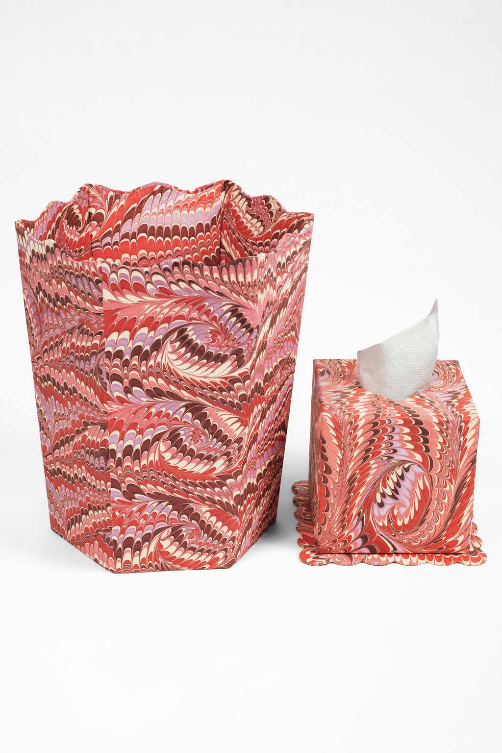 Hand-marbled Florentine pink scallop edge tissue box set with matching covers