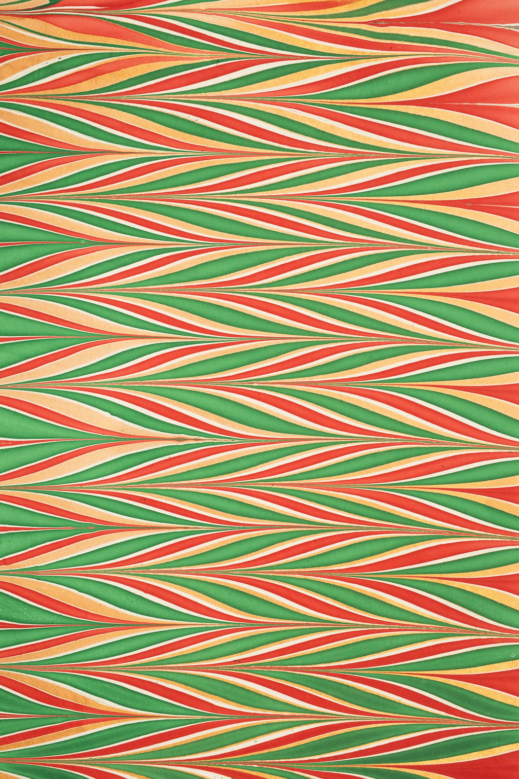 Hand marbled gilded holiday gift wrapping paper single sheet with red green gold wavy stripe pattern
