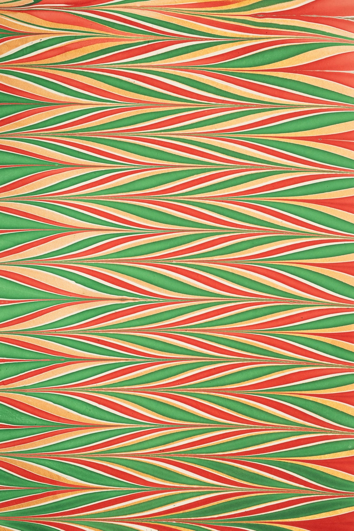 Hand marbled gilded holiday gift wrapping paper single sheet with red green gold wavy stripe pattern