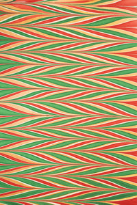 Hand marbled gilded holiday gift wrapping paper single sheet with red green gold wavy stripe pattern