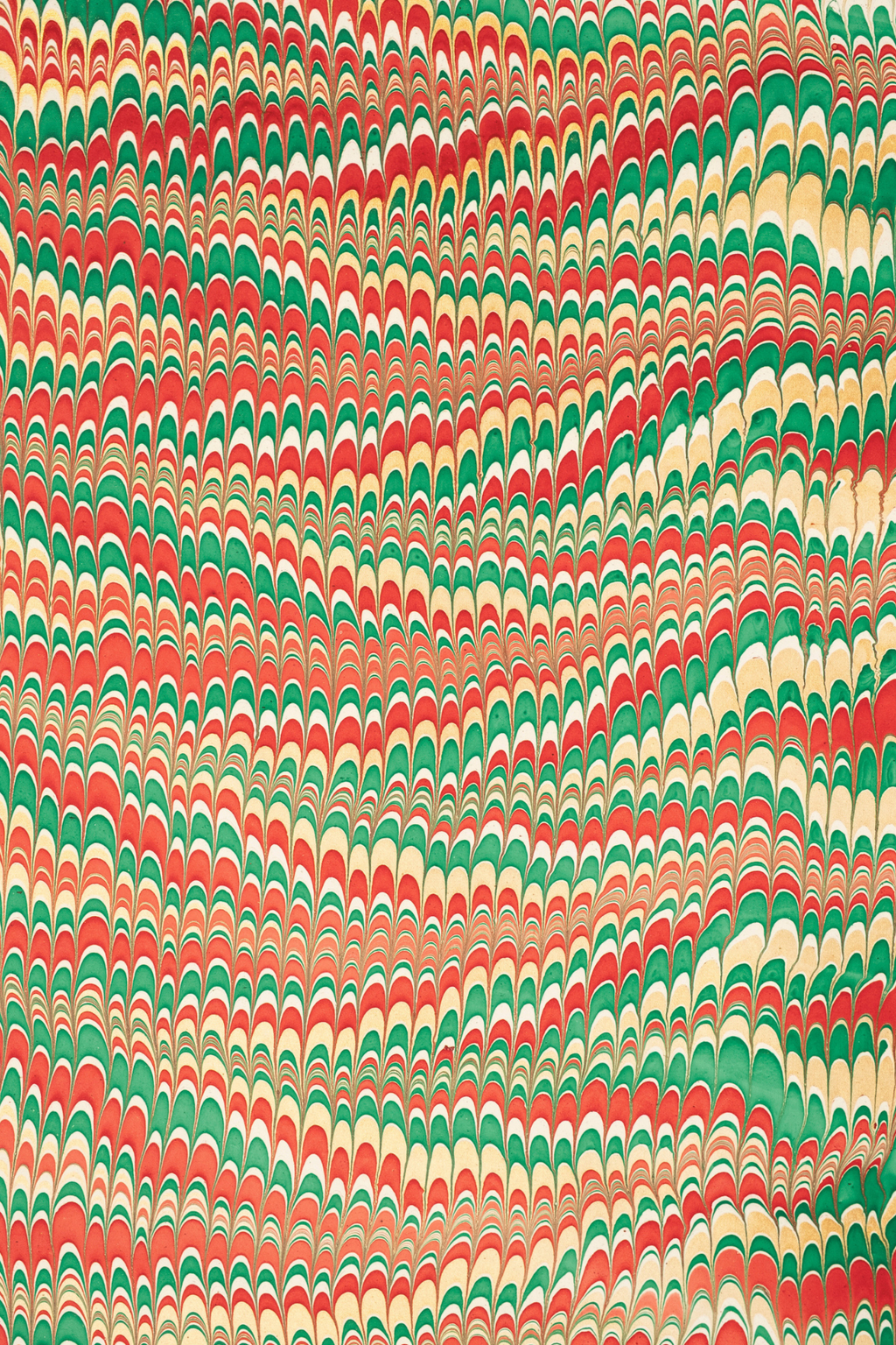 Hand marbled holiday jingle gift wrapping paper single sheet with red green gold feather pattern