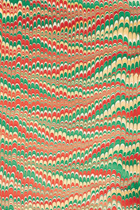 Hand marbled holiday jingle gift wrapping paper single sheet with red green gold feather pattern