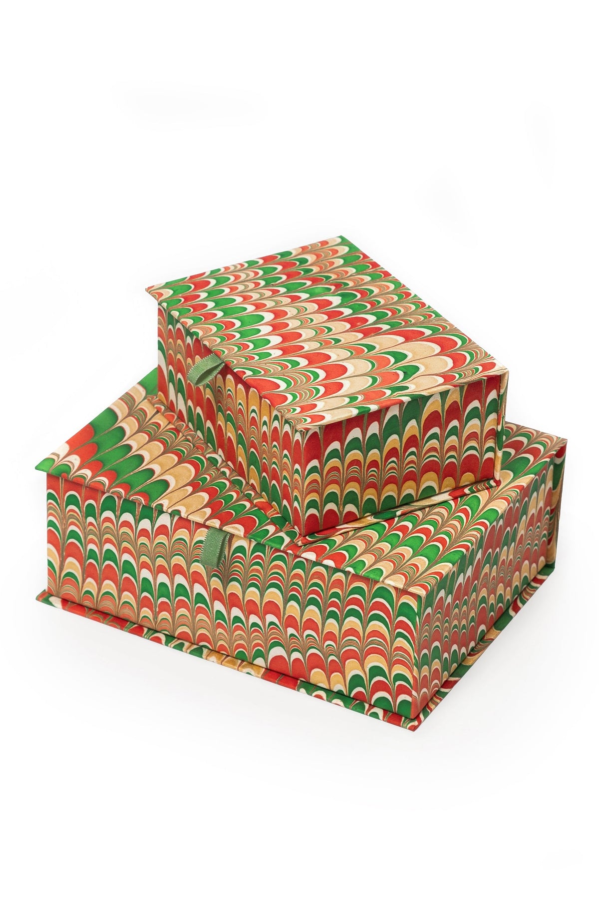 Inner Child hand-marbled keepsake box set in holiday jingle - stacked rectangular boxes with vibrant red, green, and gold marbling patterns