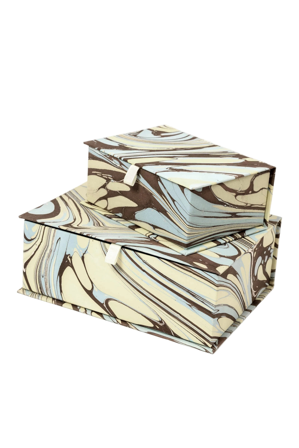 Hand-marbled keepsake box set in Kyoto with blue/brown swirls, white ties