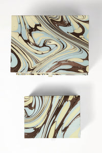 Hand-marbled Kyoto keepsake boxes with blue, brown, cream swirl patterns