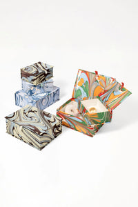 Hand-marbled keepsake boxes set by Inner Child in Kyoto with vibrant multicolor patterns