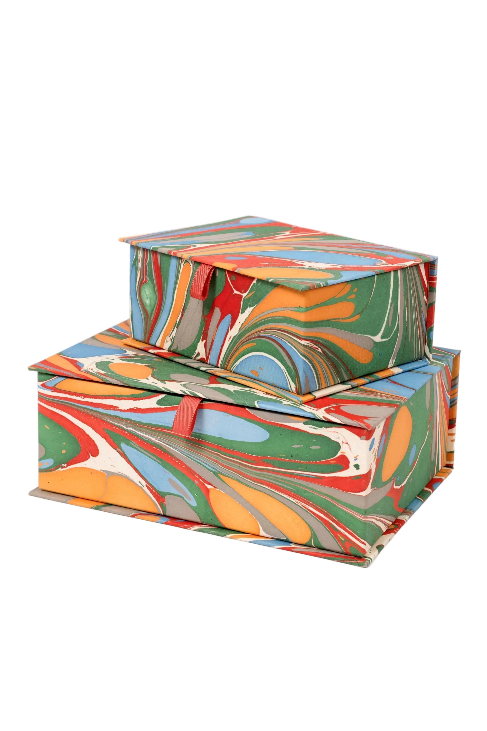 Inner Child hand-marbled keepsake box set in marais - stacked rectangular boxes with colorful marbling patterns
