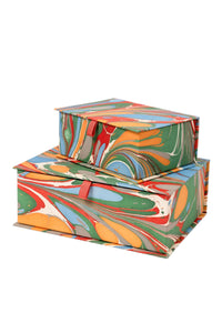 Inner Child hand-marbled keepsake box set in marais - stacked rectangular boxes with colorful marbling patterns