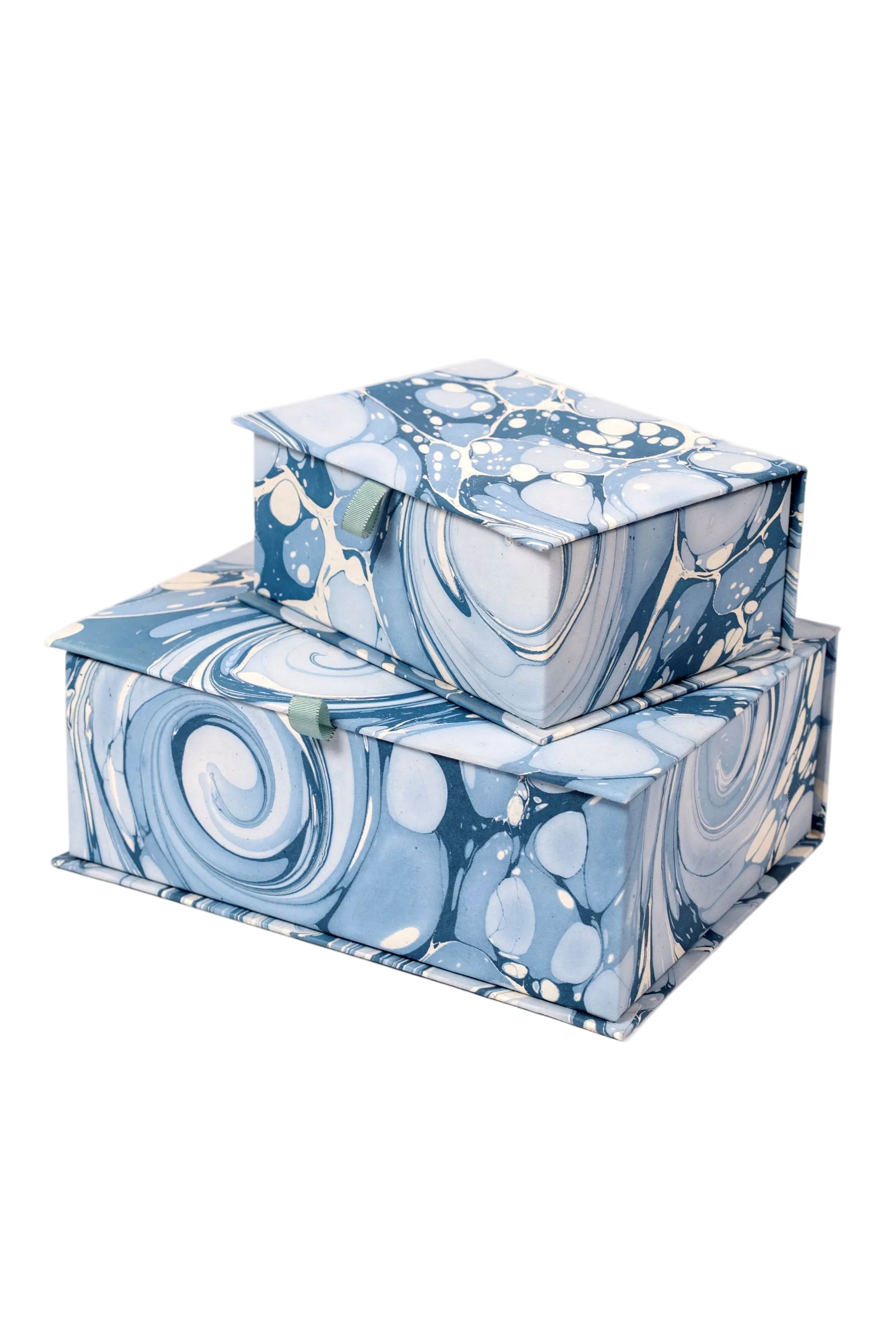 Blue ocean wave-patterned hand-marbled keepsake boxes stacked