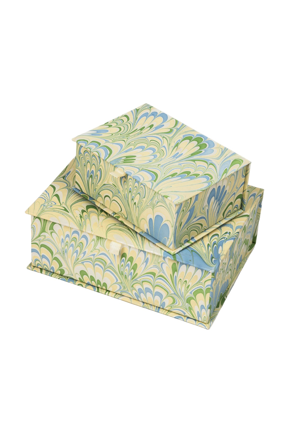 Inner Child hand-marbled storage boxes with green/blue/cream marbling patterns