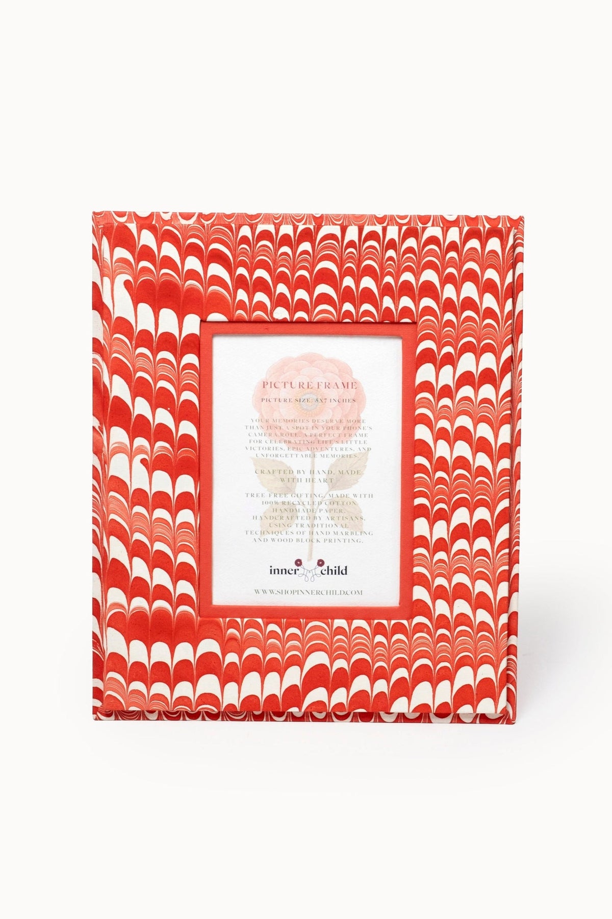 Hand-marbled candy cane swirl 5x7 wall picture frame, flat view