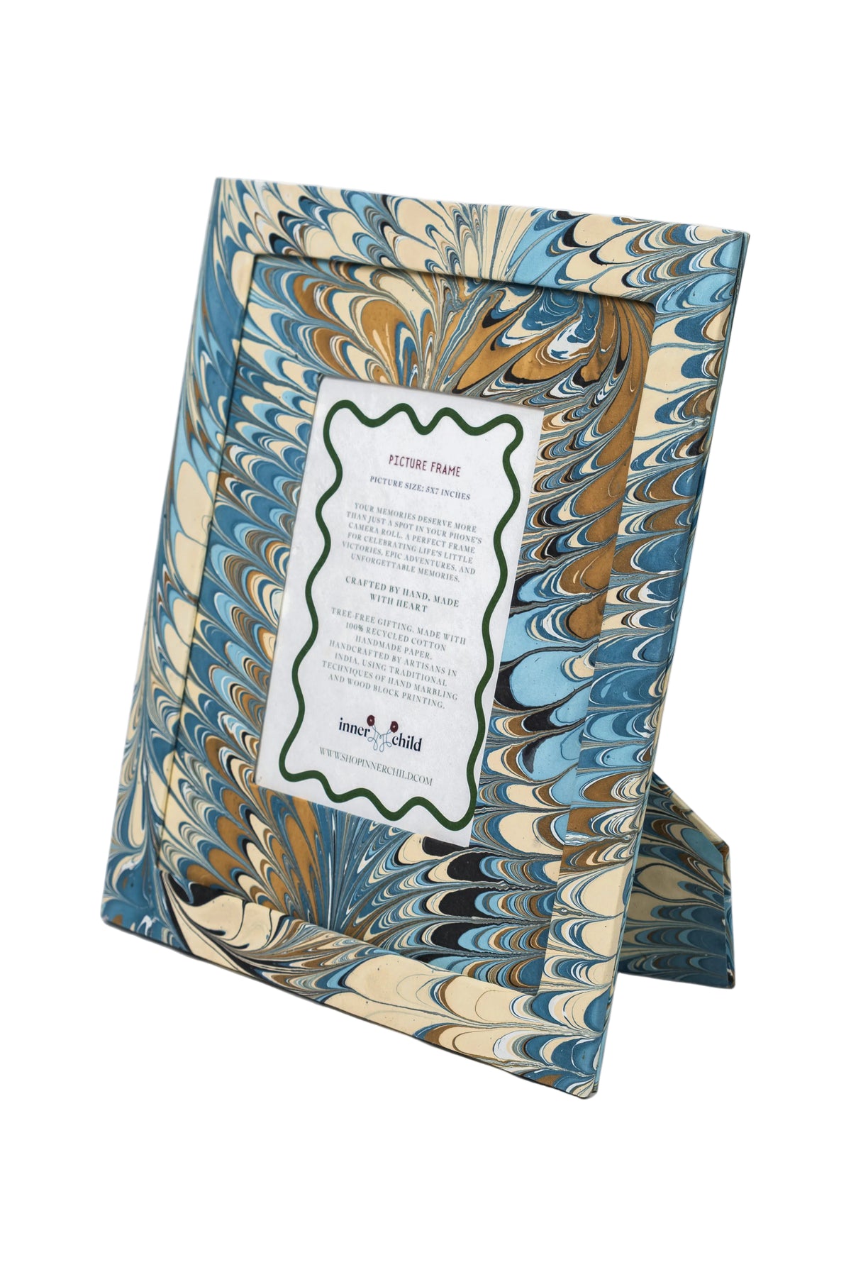Hand-marbled standing picture frame with blue and gold swirls, Inner Child design