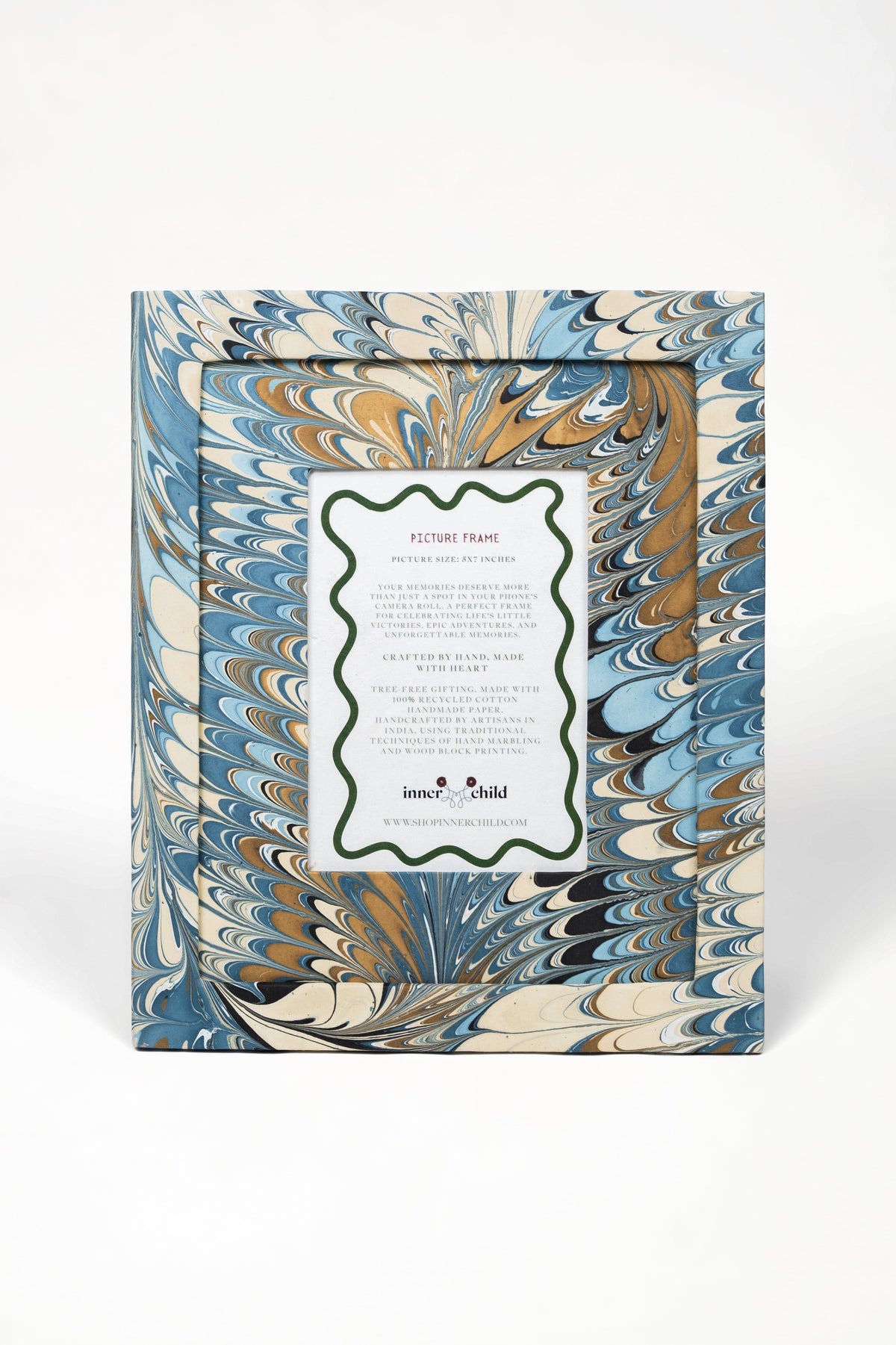 Hand-marbled standing picture frame with blue and gold swirls, Inner Child design