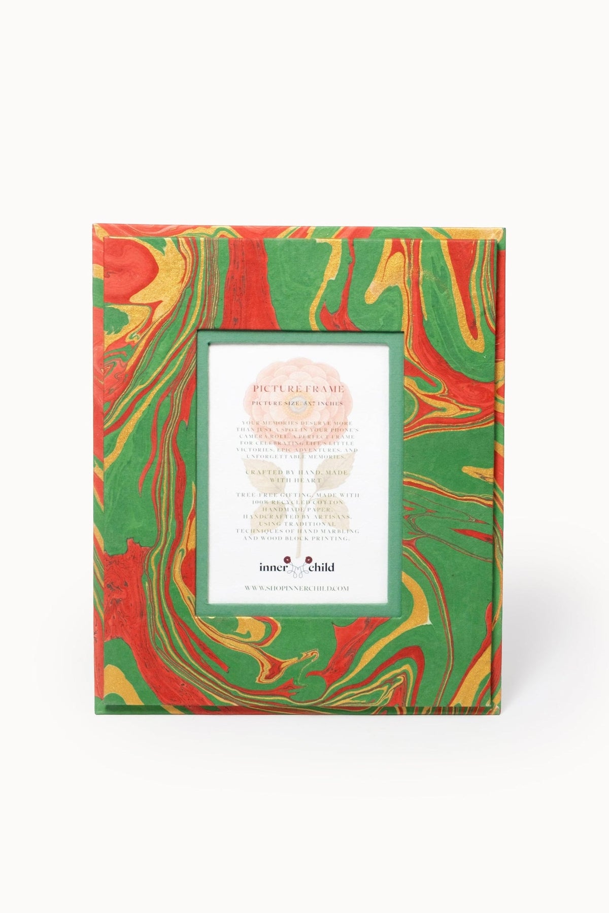 Hand-marbled large wall picture frame with holiday wave style, red, green, and gold patterns, 5x7 inches from Inner Child
