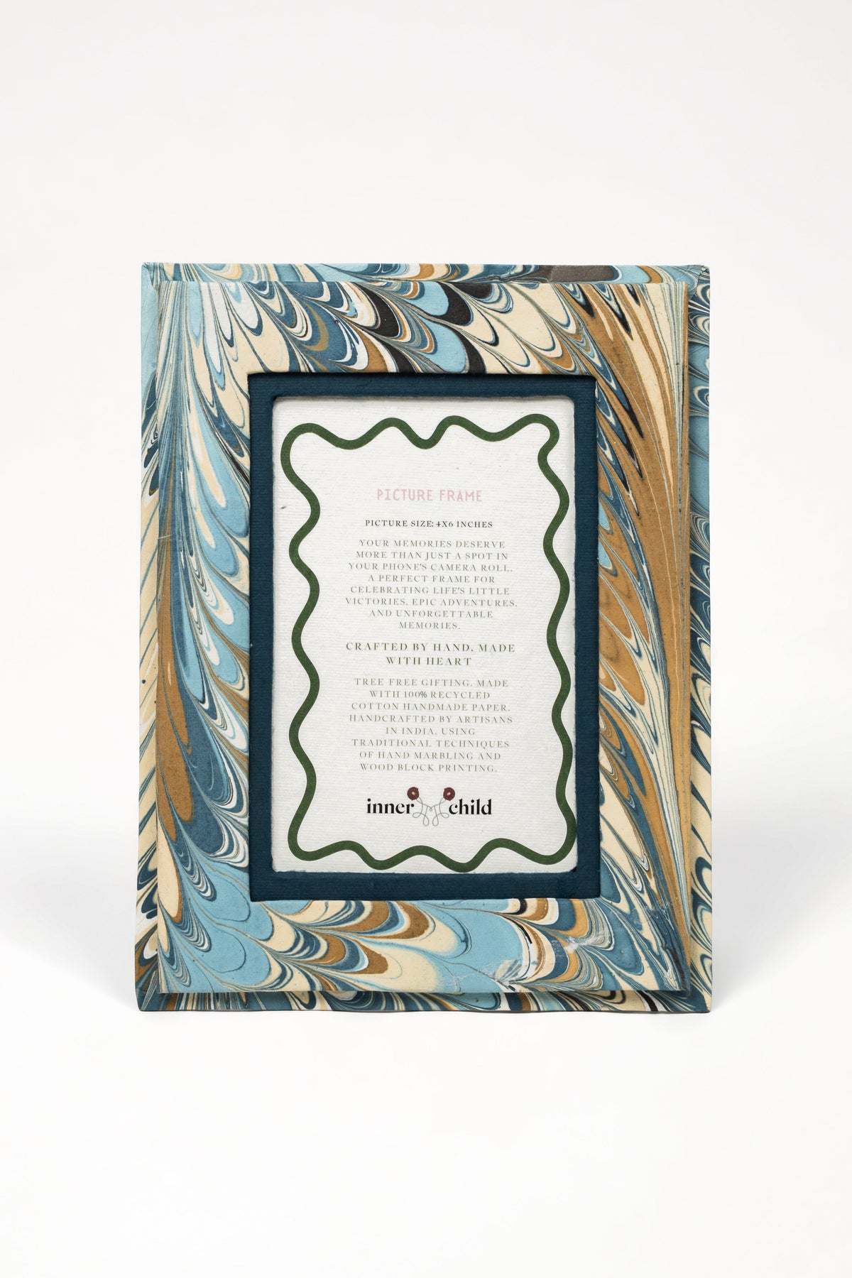 Nila feathers hand-marbled 4x6 picture frame with dark teal border by Inner Child