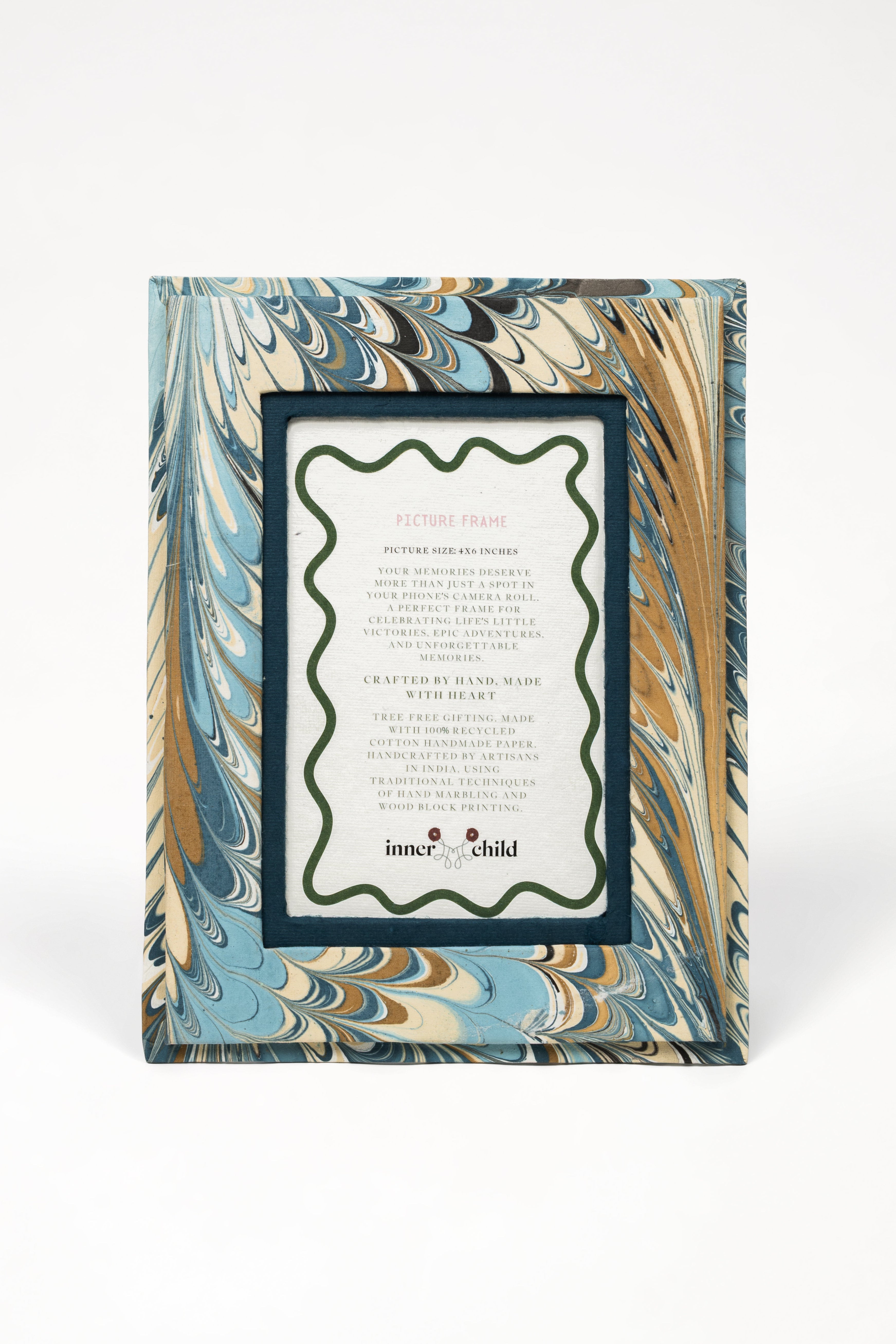 Nila feathers hand-marbled 4x6 picture frame with dark teal border by Inner Child