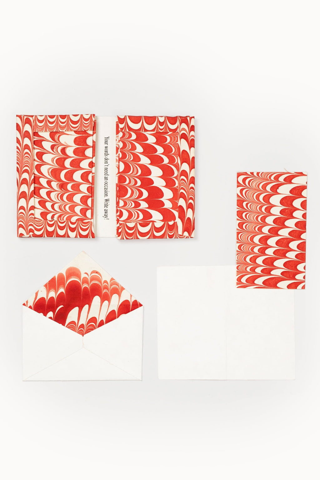 Inner Child red swirled hand-marbled notecards and envelope set with "Write away!" message