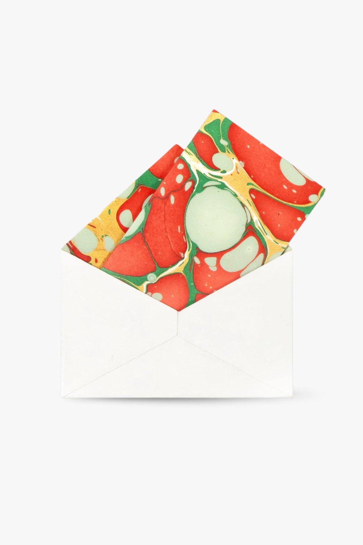 Inner Child hand-marbled notecard set in Christmas Gems pattern with vibrant red/green/yellow designs